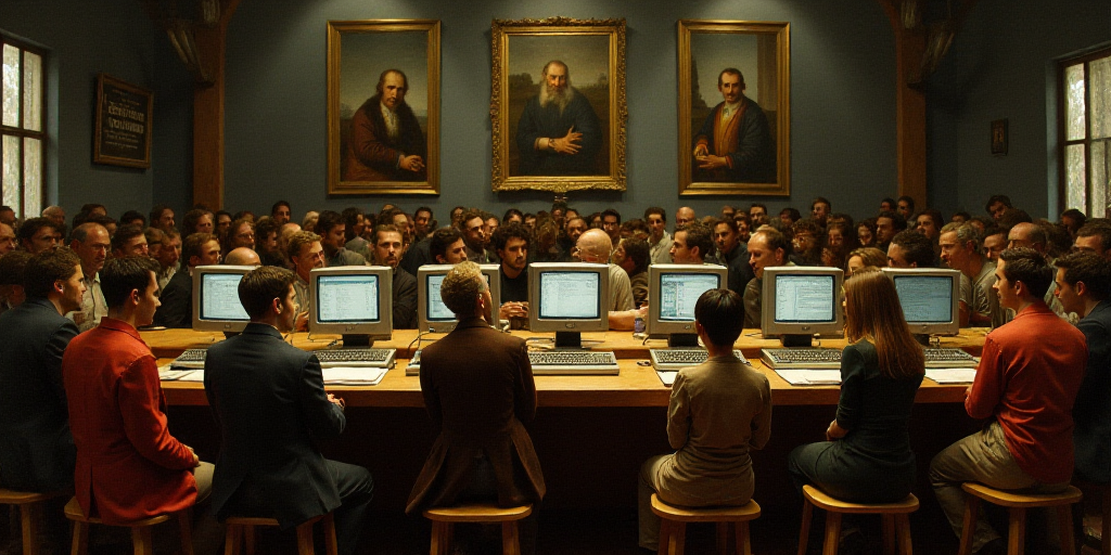 a group of people sitting at a long table with computers on it in a room with a lot of people, Engue