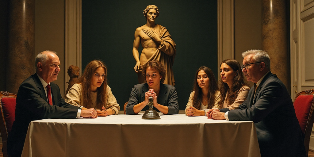 a group of people sitting at a table with a microphone in front of them and a statue behind them, Ar
