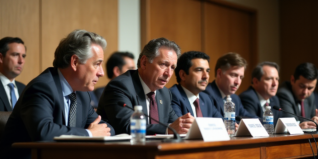 a group of people sitting at a table with microphones in front of them and a sign behind them, Agust