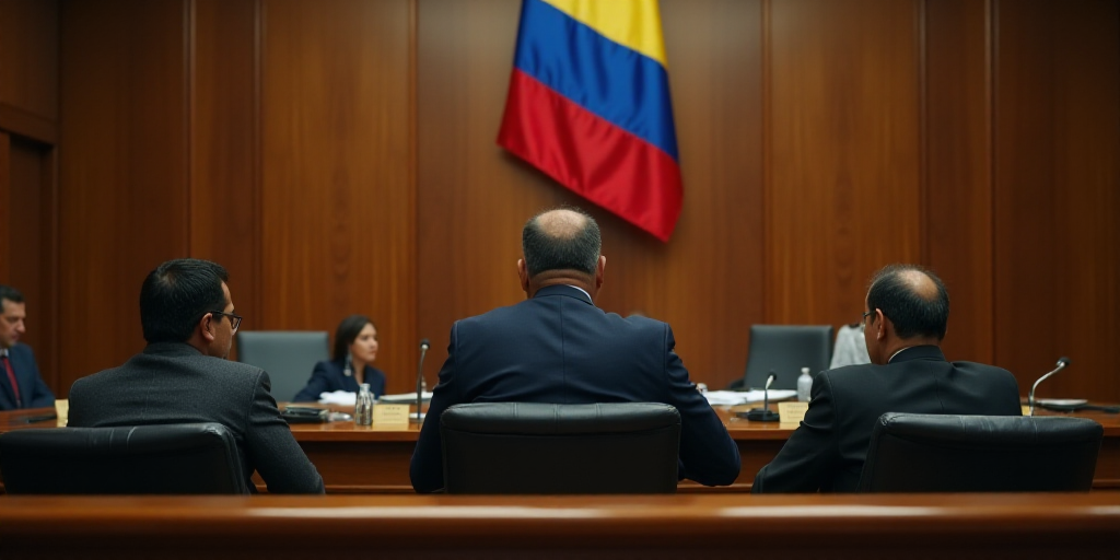 a group of people sitting at a table in a courtroom with a flag hanging on the wall behind them, Fed