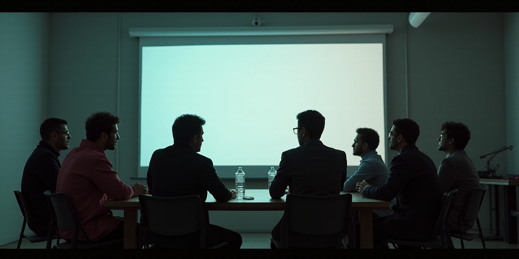 a group of people sitting at a table with a projector screen in the background and a screen in the f