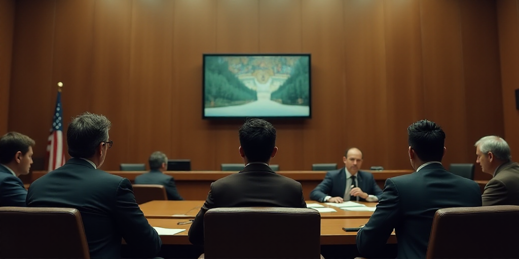 a group of people sitting at a table in a courtroom with a tv on the wall behind them and a painting