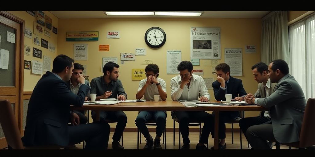 a group of people sitting at a table in a room with signs on the wall and a clock on the wall, Cefer