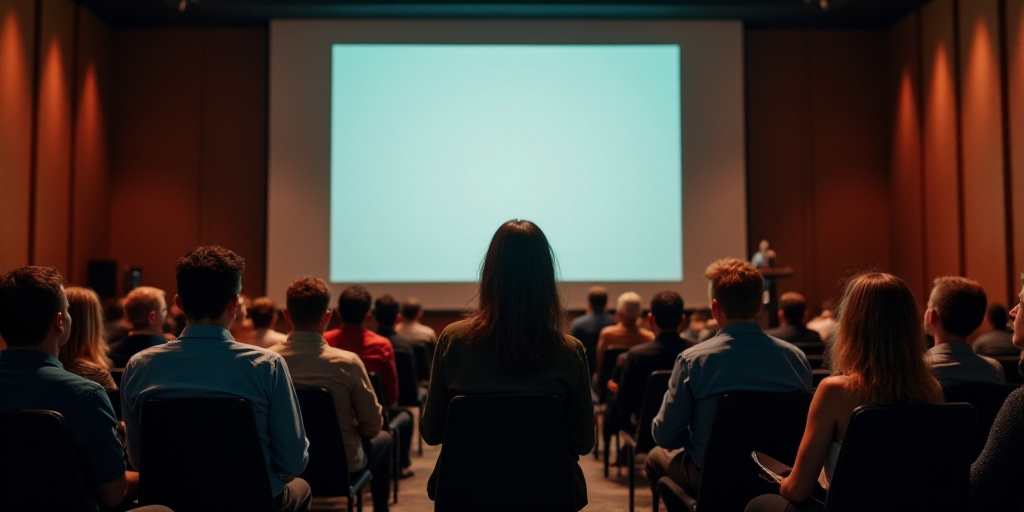 a group of people sitting in a room with a speaker at the front of the room and a speaker at the bac