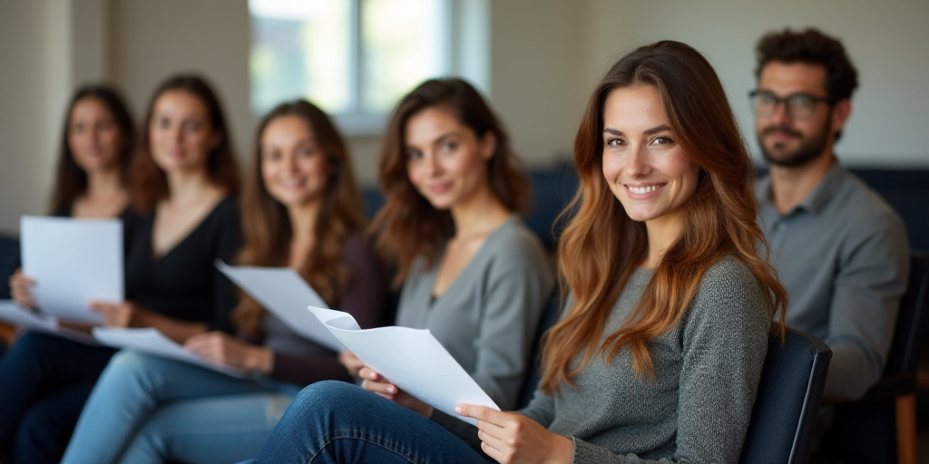 a group of people sitting in chairs holding papers in their hands and looking at the camera with a s