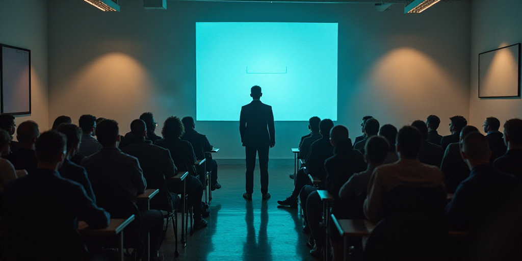 a group of people sitting in front of a classroom full of people in chairs and a man standing at the