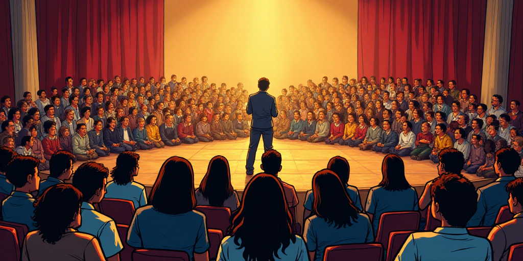 a group of people sitting in front of a crowd of people on a stage with a speaker at the front, Aní