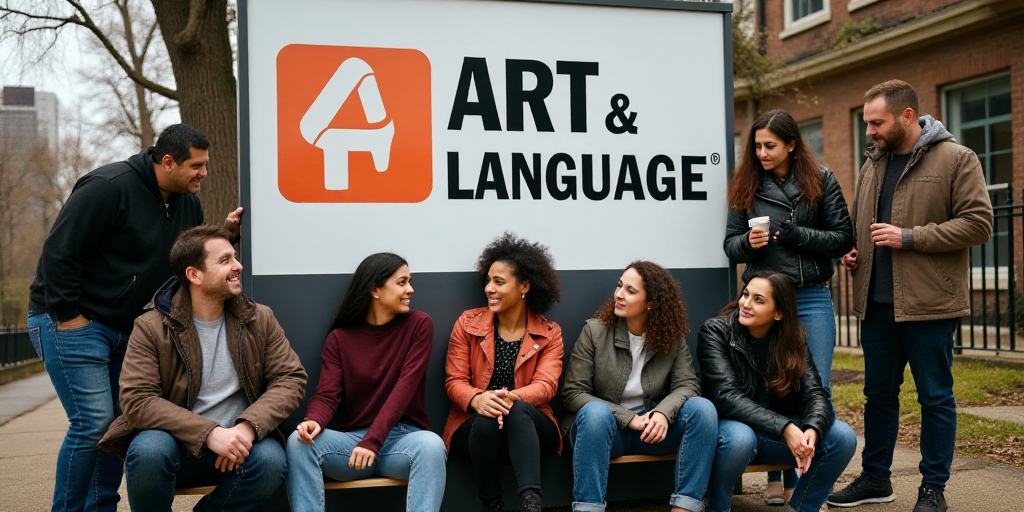 a group of people sitting in front of a sign with a logo on it and a few people standing around, Art
