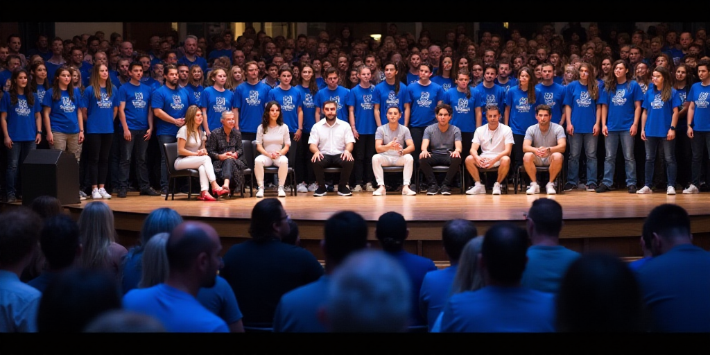 a group of people sitting on a stage in front of a crowd of people in blue shirts and jeans, Aquirax