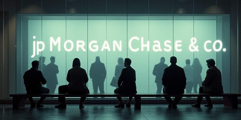 a group of people sitting on benches in front of a glass window with the words jp morgan chase & co,