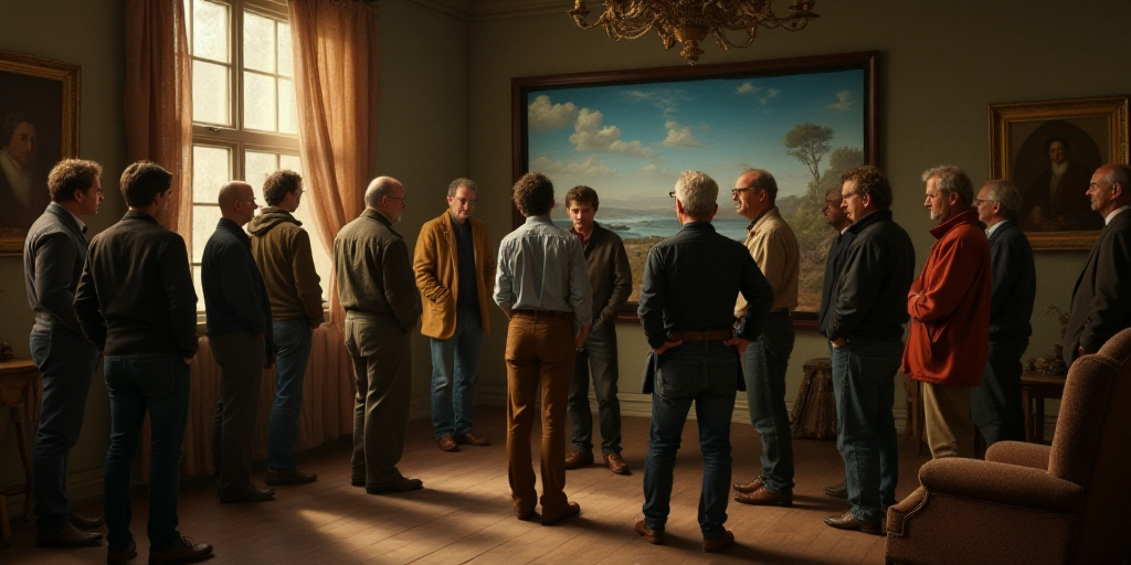 a group of people standing around each other talking to each other in a room with a television scree