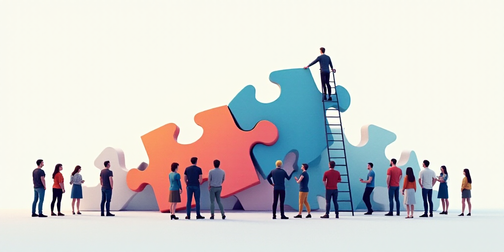 a group of people standing around a pile of puzzle pieces with one man on a ladder working on the to