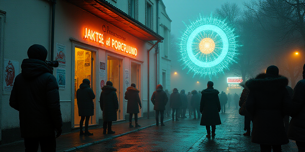 a group of people standing around a building with posters on the wall and a camera man taking a pict