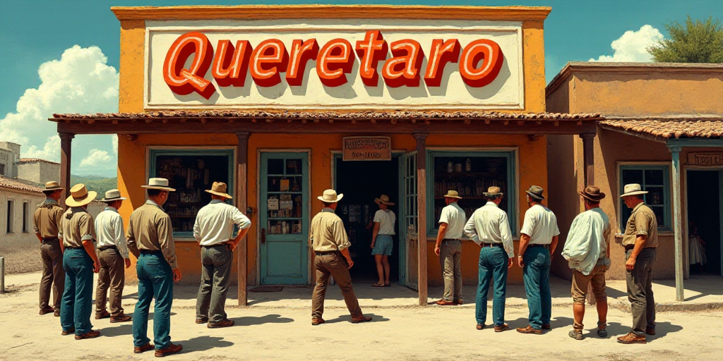 a group of people standing around a store with a sign above it that says queretaro on it, Enguerrand