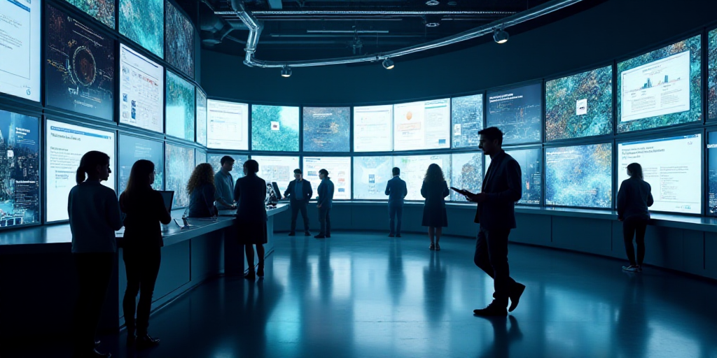a group of people standing around a counter with lots of monitors on it's walls and a man walking by