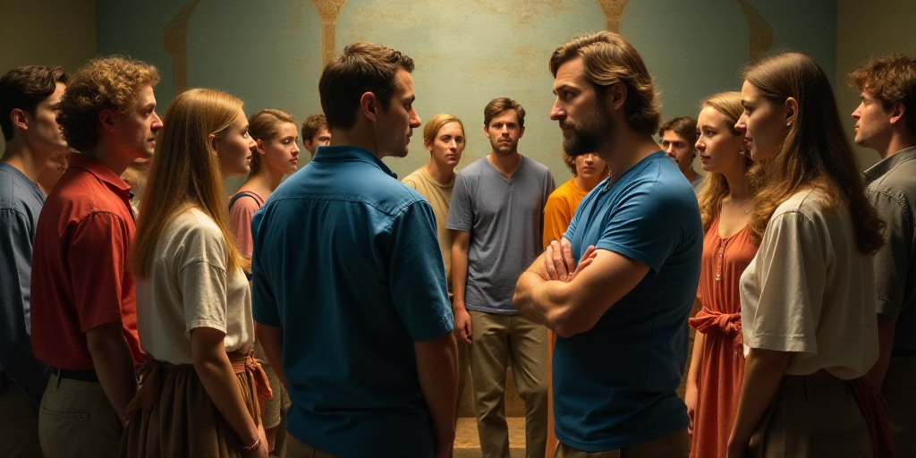 a group of people standing around each other in a circle talking to each other and a man in a blue s