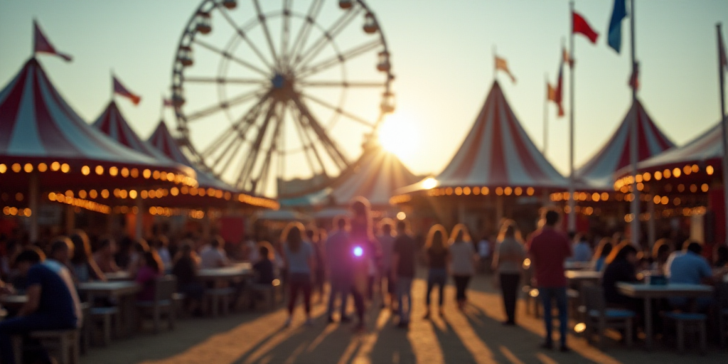 a group of people standing around a tent with a ferris wheel in the background at a carnival event w