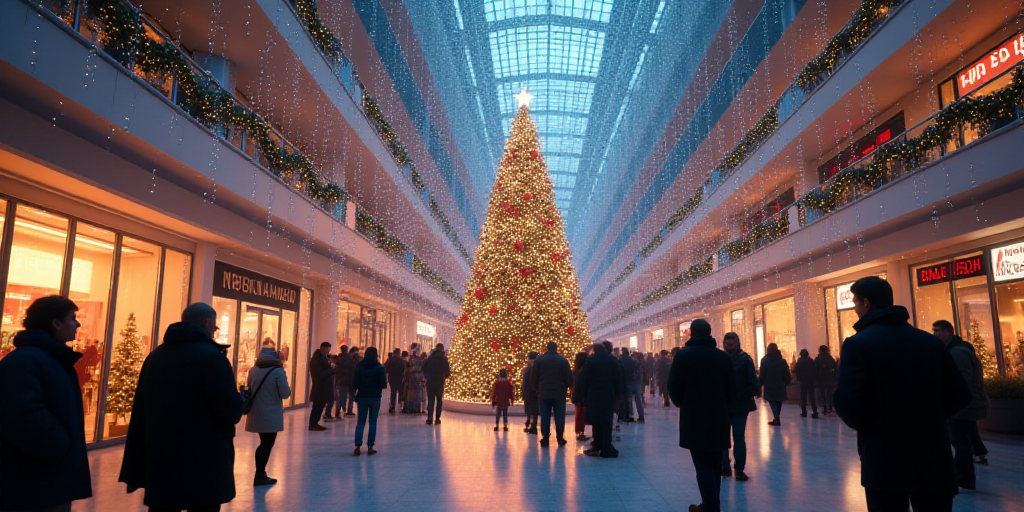 a group of people standing around a mall with a christmas tree in the background and a christmas tre
