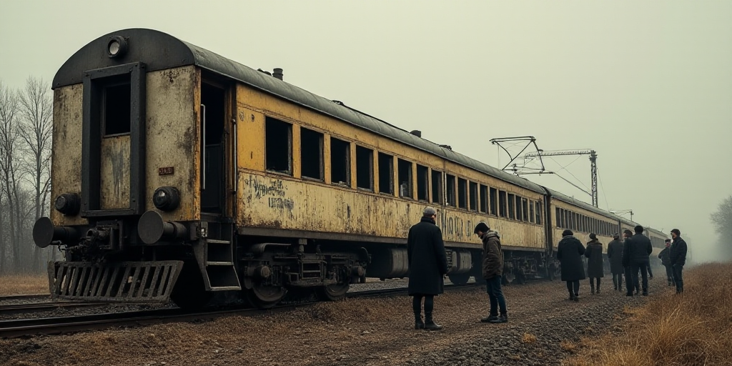 a group of people standing around a train that has been destroyed by a train car and has been vandal