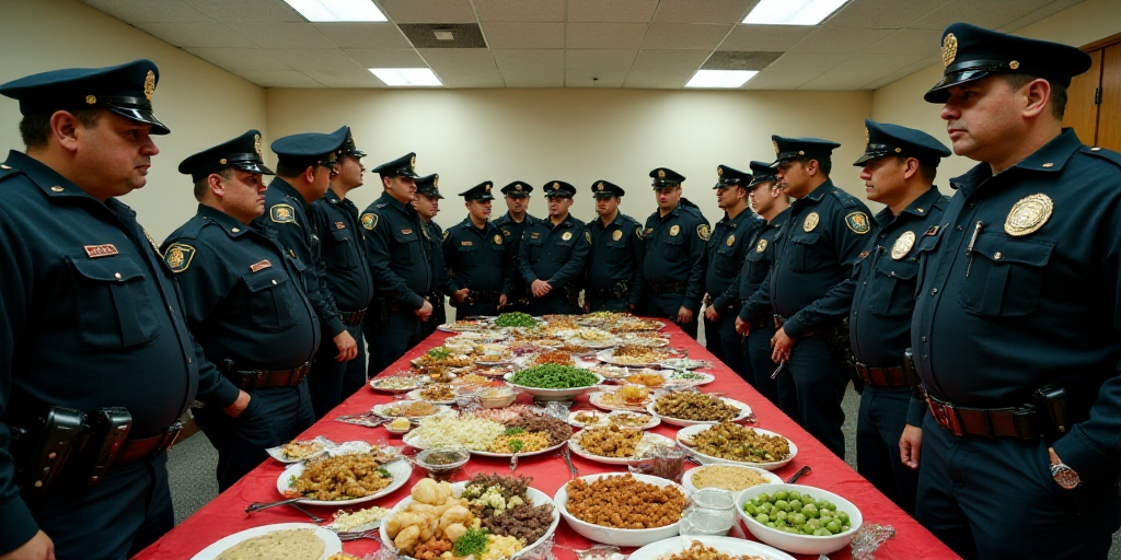 a group of people standing around a table with a table cloth on it and police standing around it wit