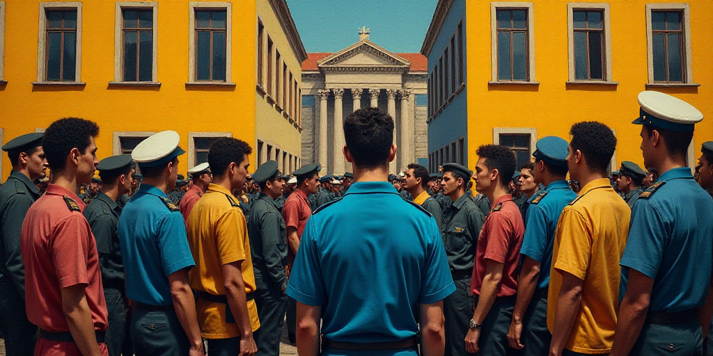 a group of people standing around each other in front of a building with police officers standing ar