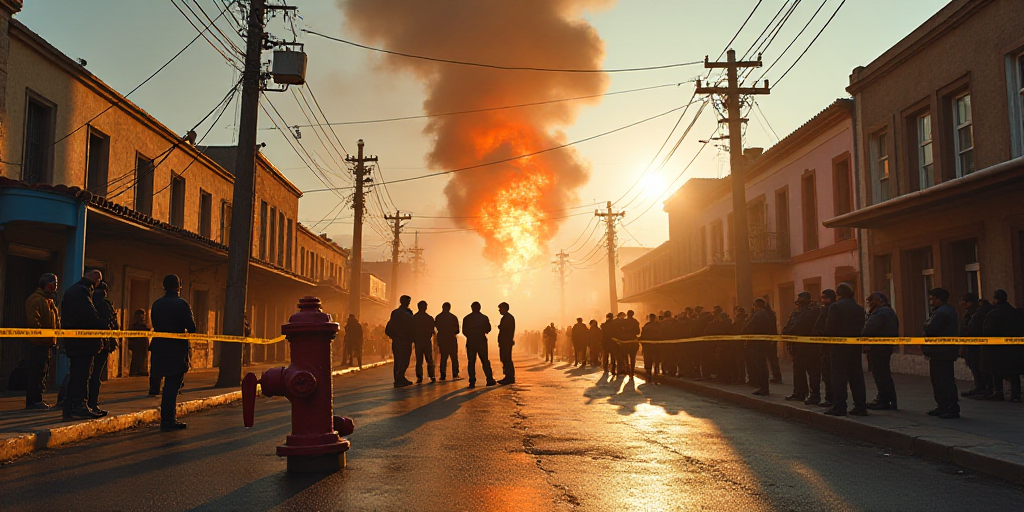 a group of people standing around a fire hydrant on a street with a line of police tape blocking the