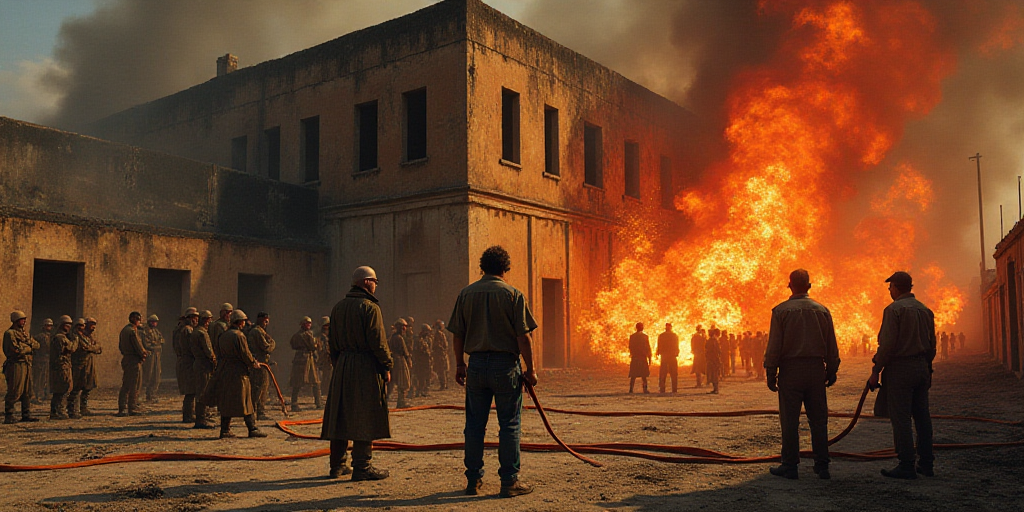 a group of people standing around a building that has been gutted with a tape and a fire hose, David
