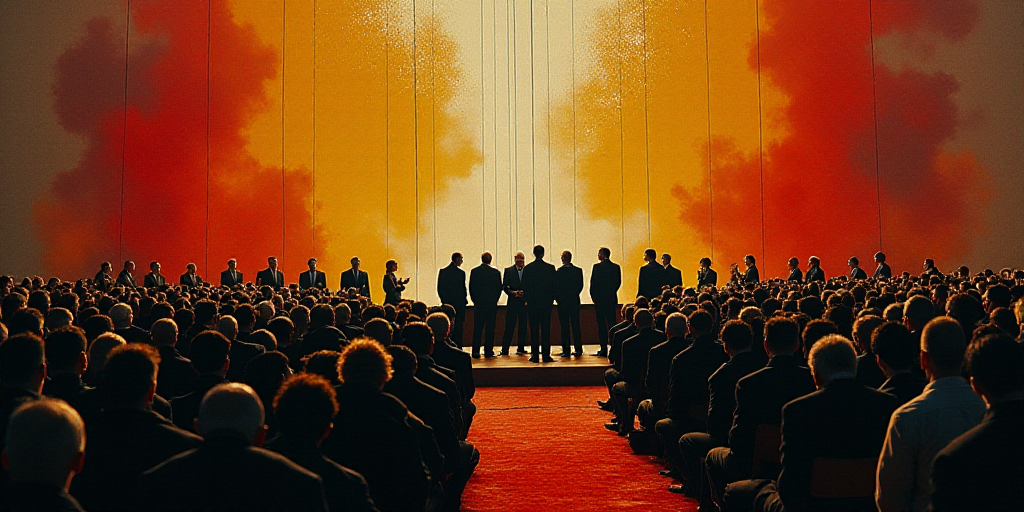 a group of people standing at a table in front of a crowd of people in suits and ties,, David Alfaro