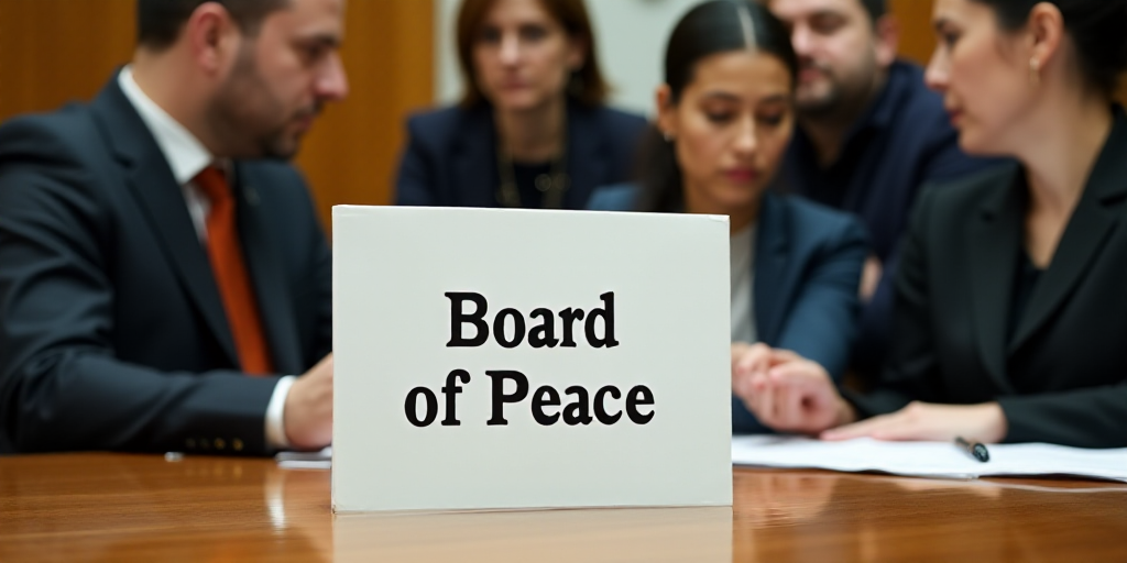 a group of people standing behind a table with a sign in front of them that says board of peace, Bou