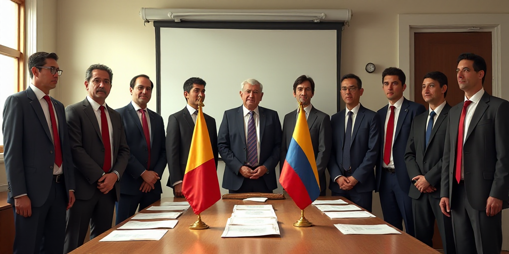 a group of people standing in a room together with flags and papers on the table and a flag on the w