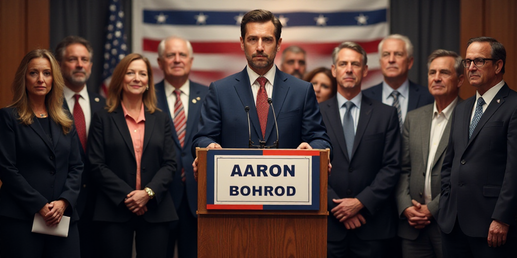 a group of people standing in front of a podium with flags on it and a sign in front of them, Aaron