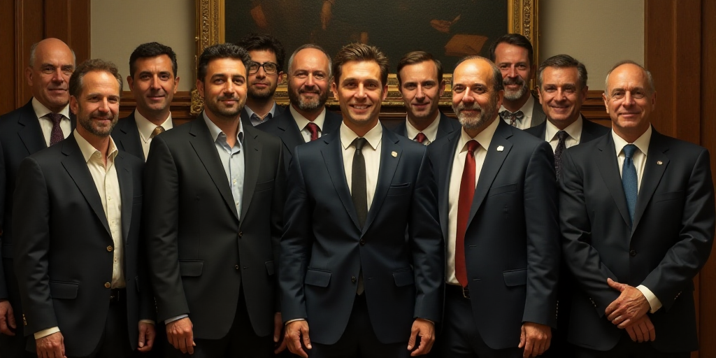 a group of people standing in a room together in suits and ties, all smiling for the camera, with a