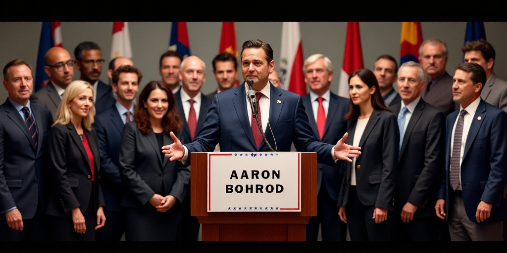 a group of people standing in front of a podium with flags on it and a sign in front of them, Aaron