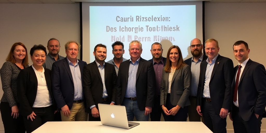 a group of people standing in front of a table with a laptop computer on it and a sign behind them,