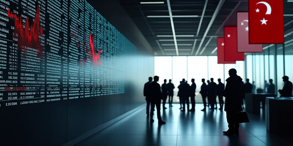 a group of people standing in a lobby next to a wall of stock information and flags on a wall, Carlo