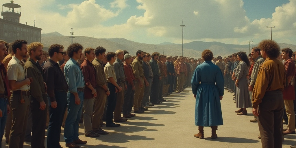 a group of people standing in a line in a parking lot with a crowd of people behind them and a man i
