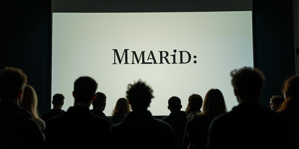 a group of people standing in front of a screen with a large screen behind them that says madrid spa