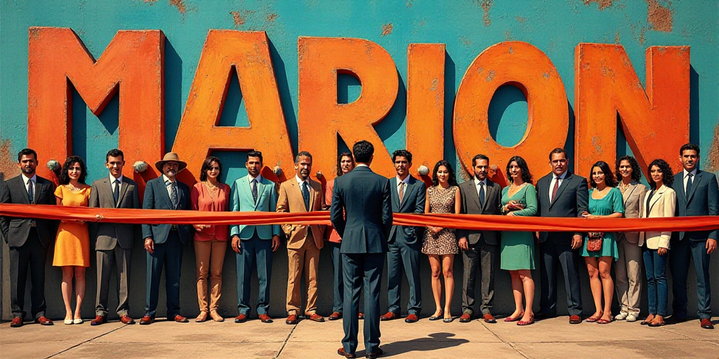 a group of people standing in front of a sign with a ribbon in front of them and a man in a suit sta