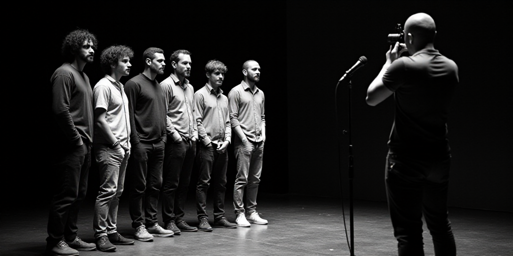 a group of people standing next to each other on a stage with a microphone in front of them and a ma