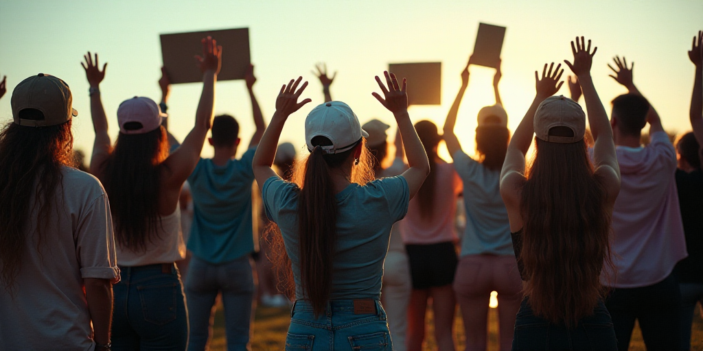 a group of people standing next to each other holding up signs and hats on their heads and hands in