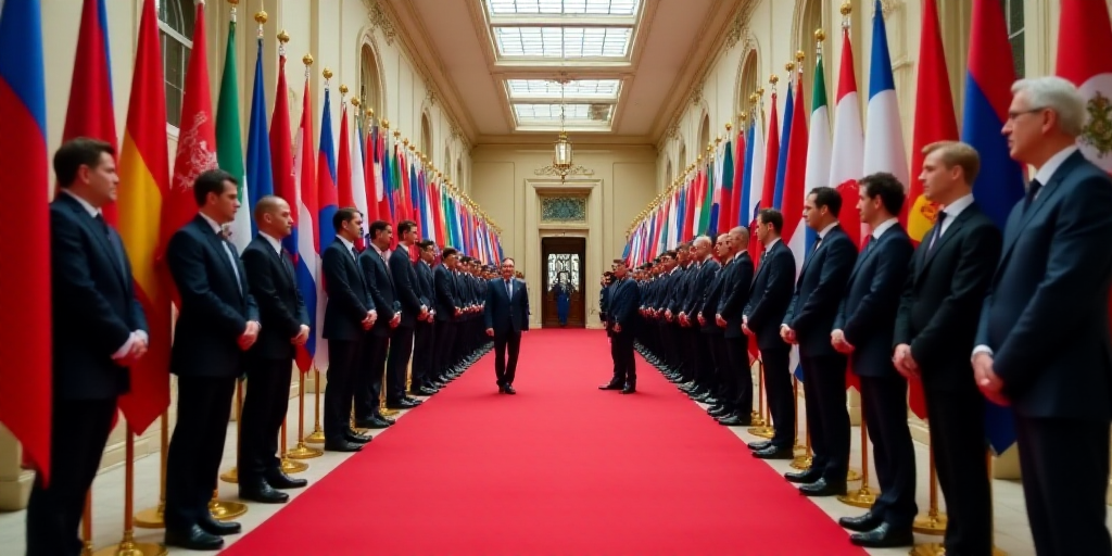 a group of people standing next to each other in front of flags on a red carpeted floor in a buildin