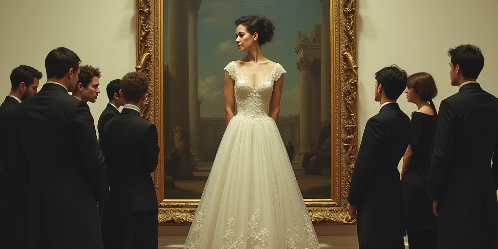 a group of people standing next to each other in front of a painting of a woman in a white dress, Ar