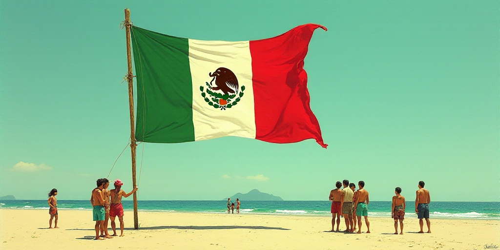 a group of people standing next to a large mexican flag kite on a beach in the ocean with people sta