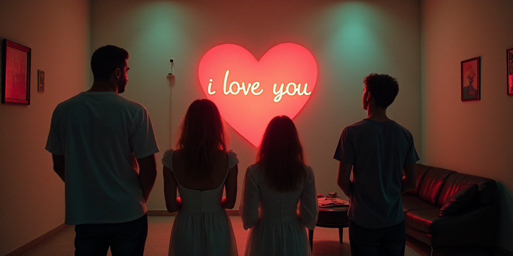 a group of people standing next to each other in a room with a sign on it that says i love you, Fede