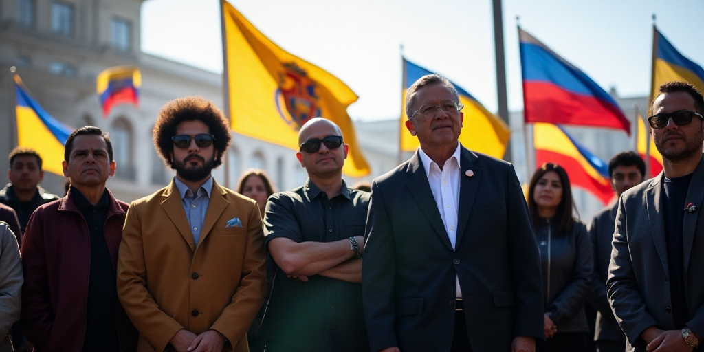 a group of people standing next to each other in front of flags and a flag pole in the background, F
