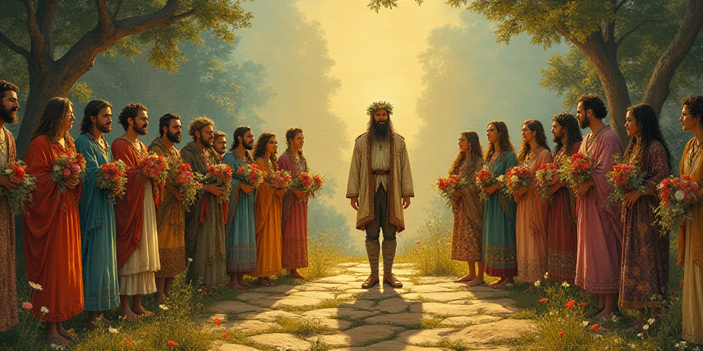 a group of people standing on top of a stage with flowers in their hands and a man in costume, Bela