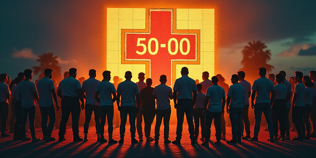 a group of people standing on a stage with a sign in front of them that says 50 00 and a cross on th