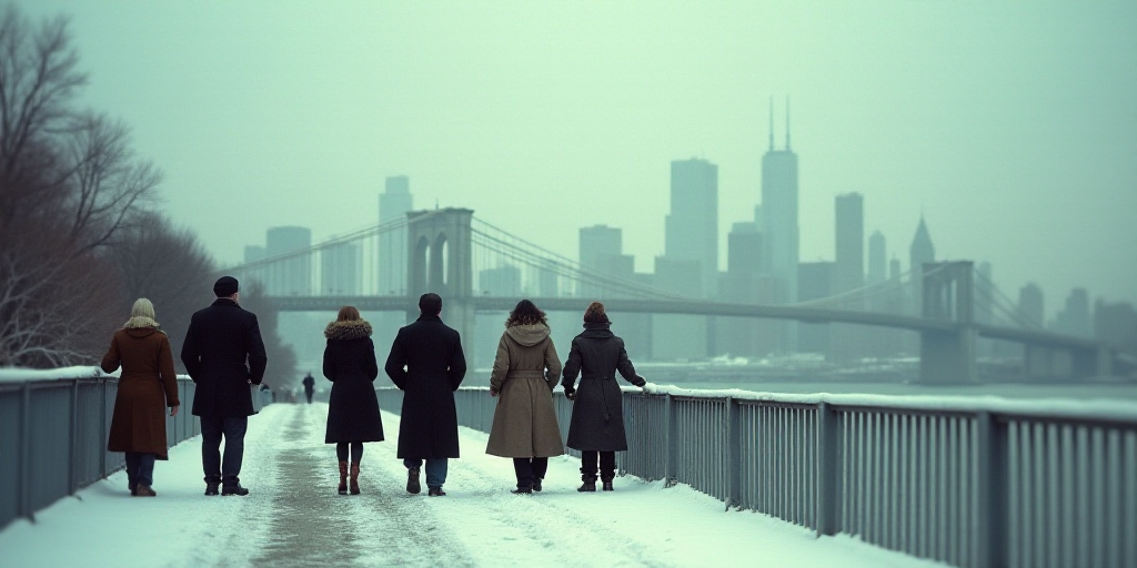 a group of people standing on a bridge in front of a city skyline with a bridge in the background, C