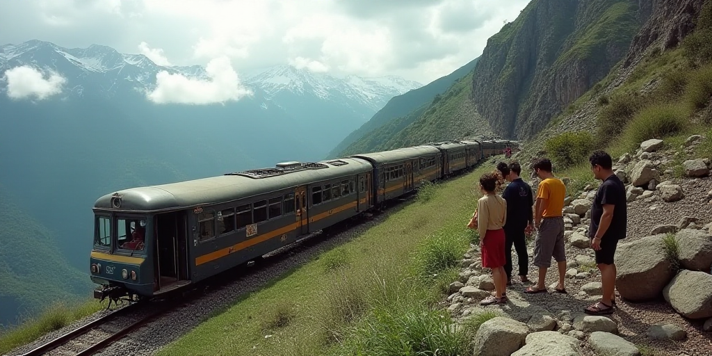 a group of people standing on a rocky hillside next to a train wreck and a bus that has crashed into