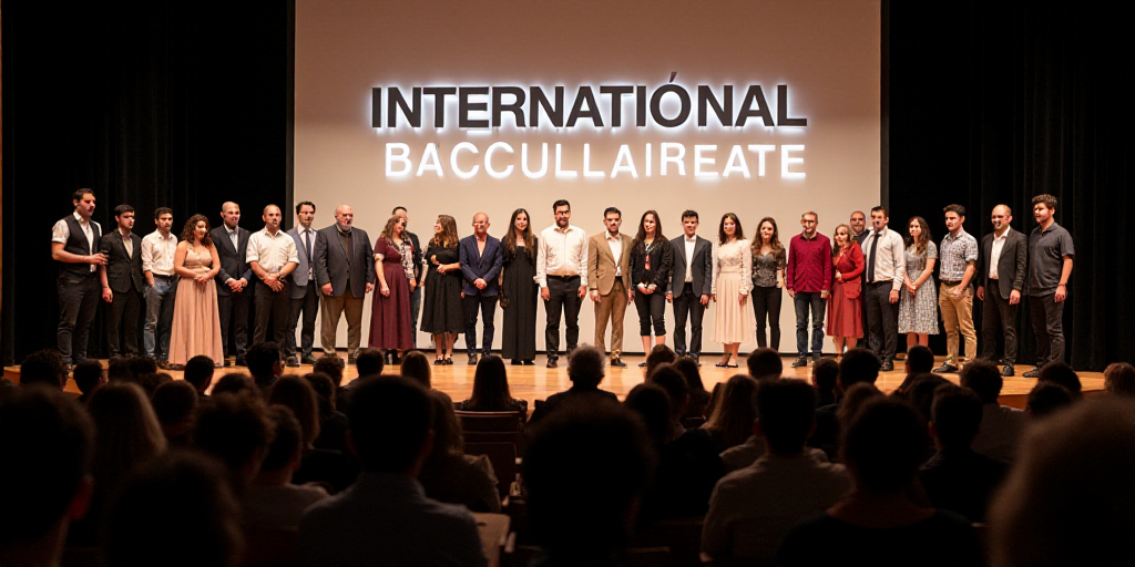 a group of people standing on a stage with a banner behind them that says international baccculaurea